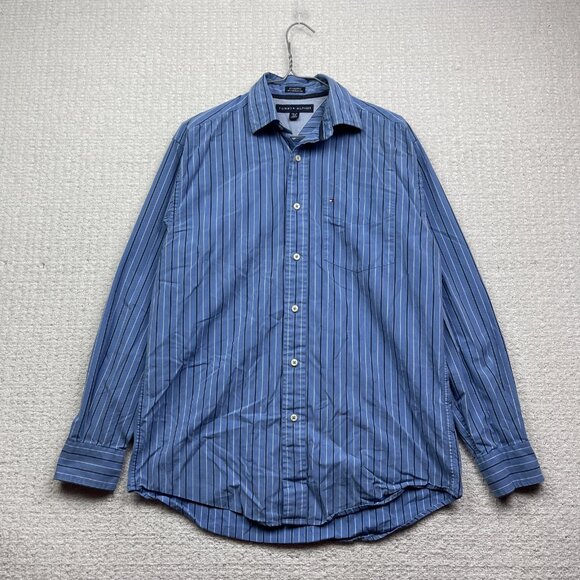 Tommy Hilfiger Button Up Shirt Mens S Blue Striped 80s 2-Ply Fabric Casual - Picture 1 of 14